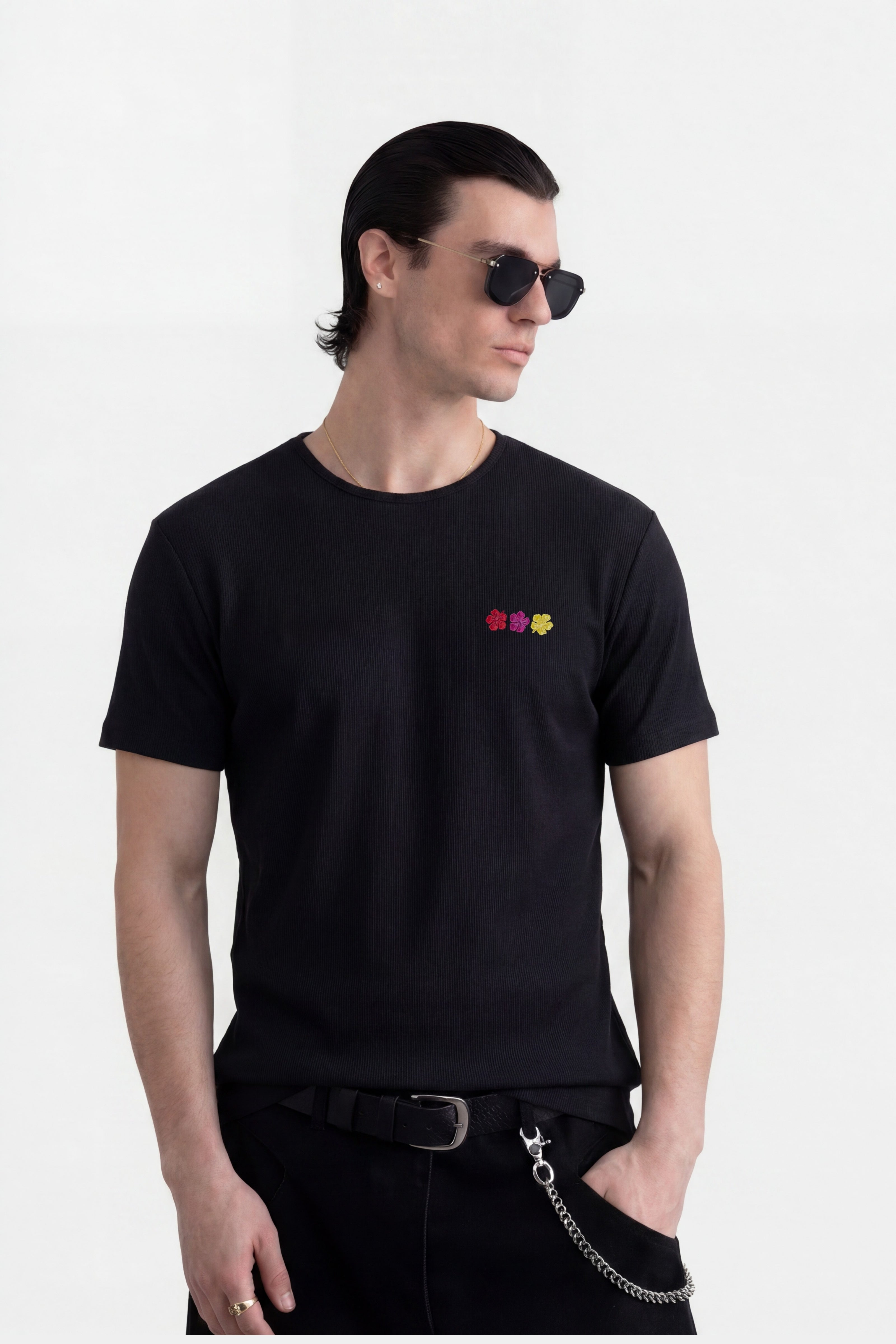 FLOWER RIB T-SHIRT BLACK