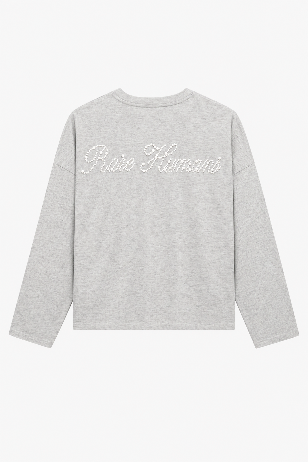 Pearl Longsleeve in grey, back view with the pearl Rare Humans logo across the upper back