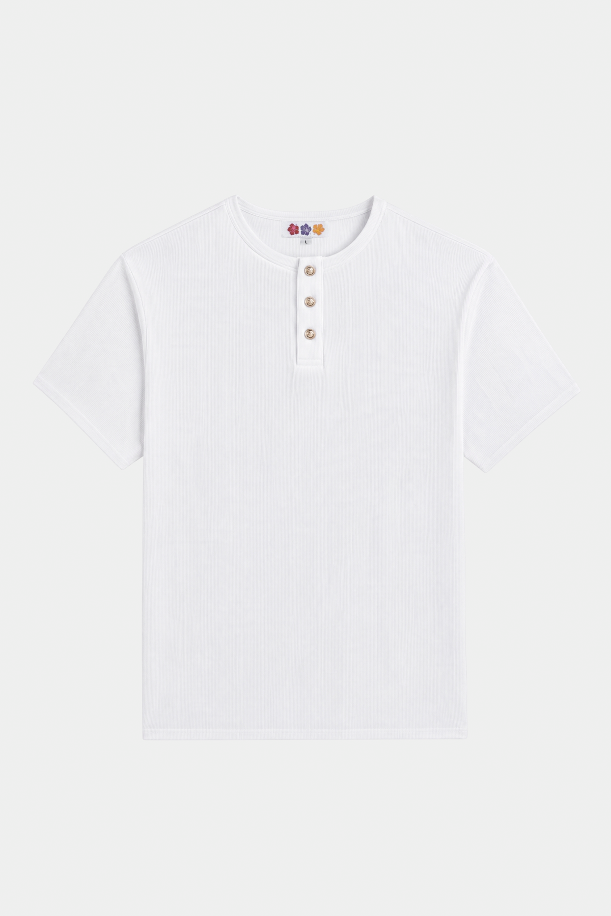 White ribbed cotton Henley with three-button placket, front view