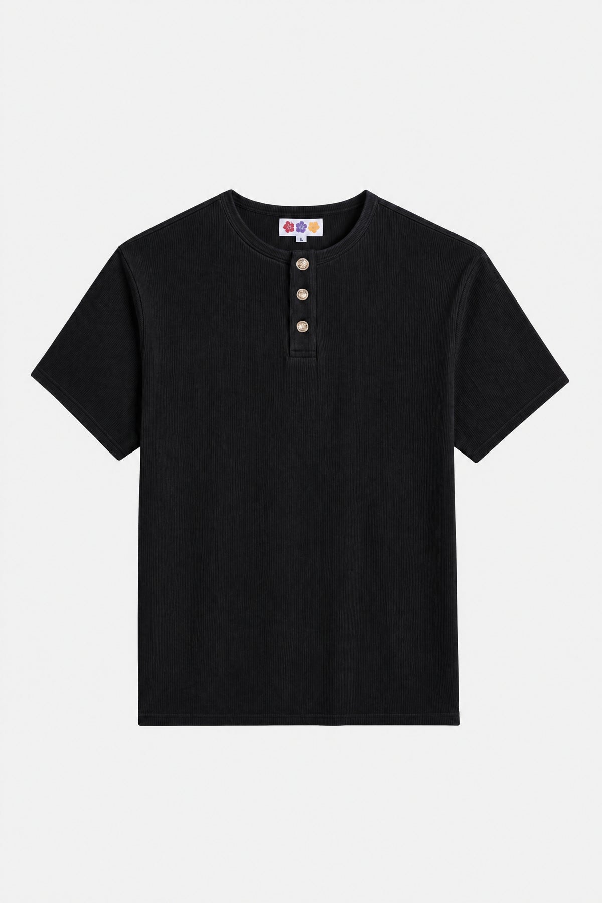 Black ribbed cotton Henley Shortsleeve by Rare Humans, front view flat lay