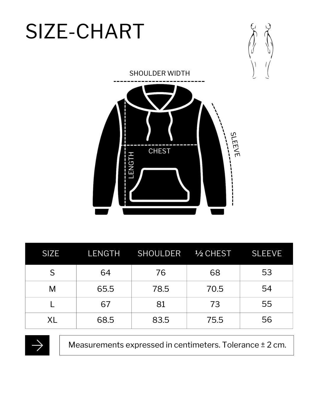 Size chart (cm) for PEARL HOODIE RED