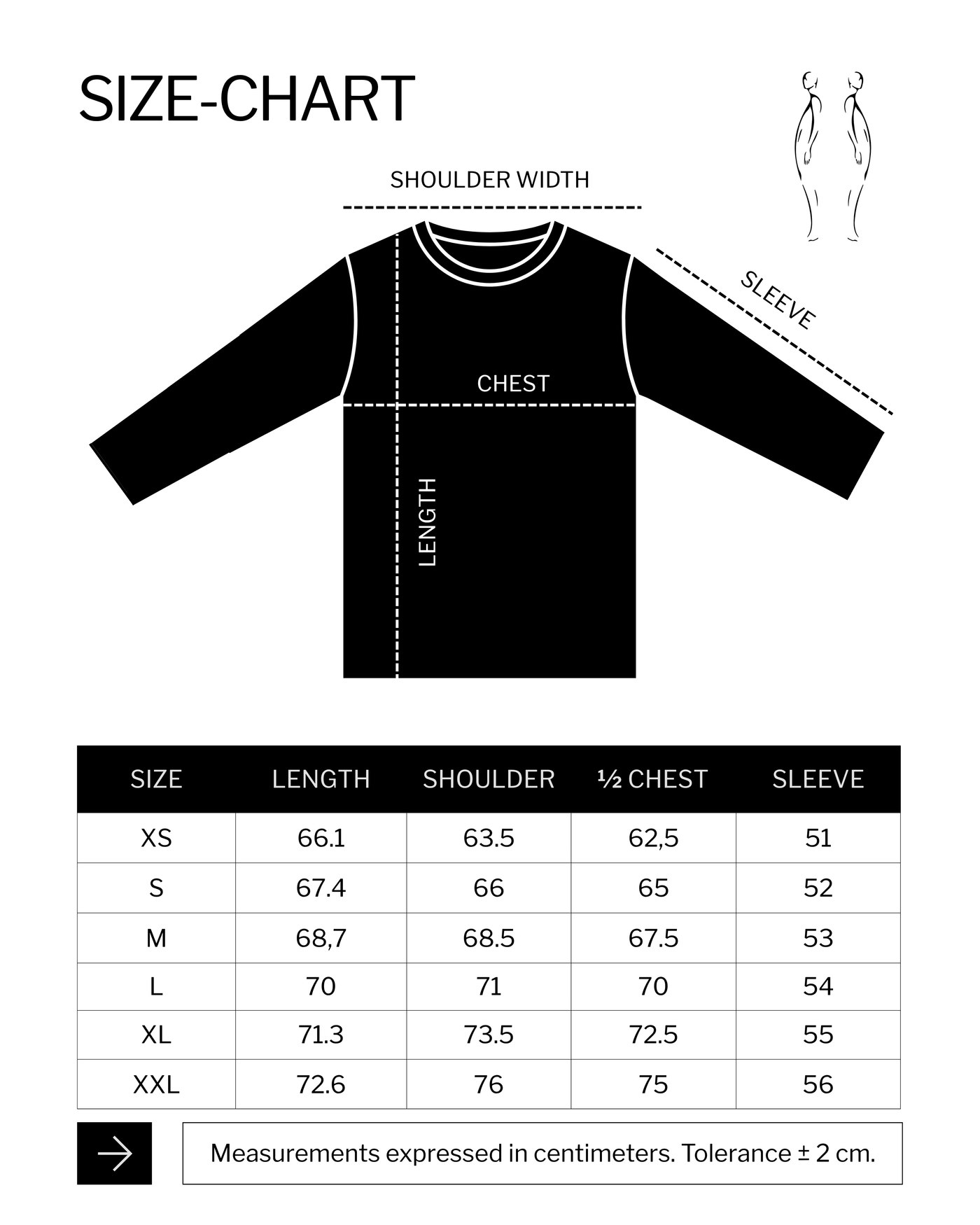 Size chart (cm) for MEMBERS LONGSLEEVE BLACK