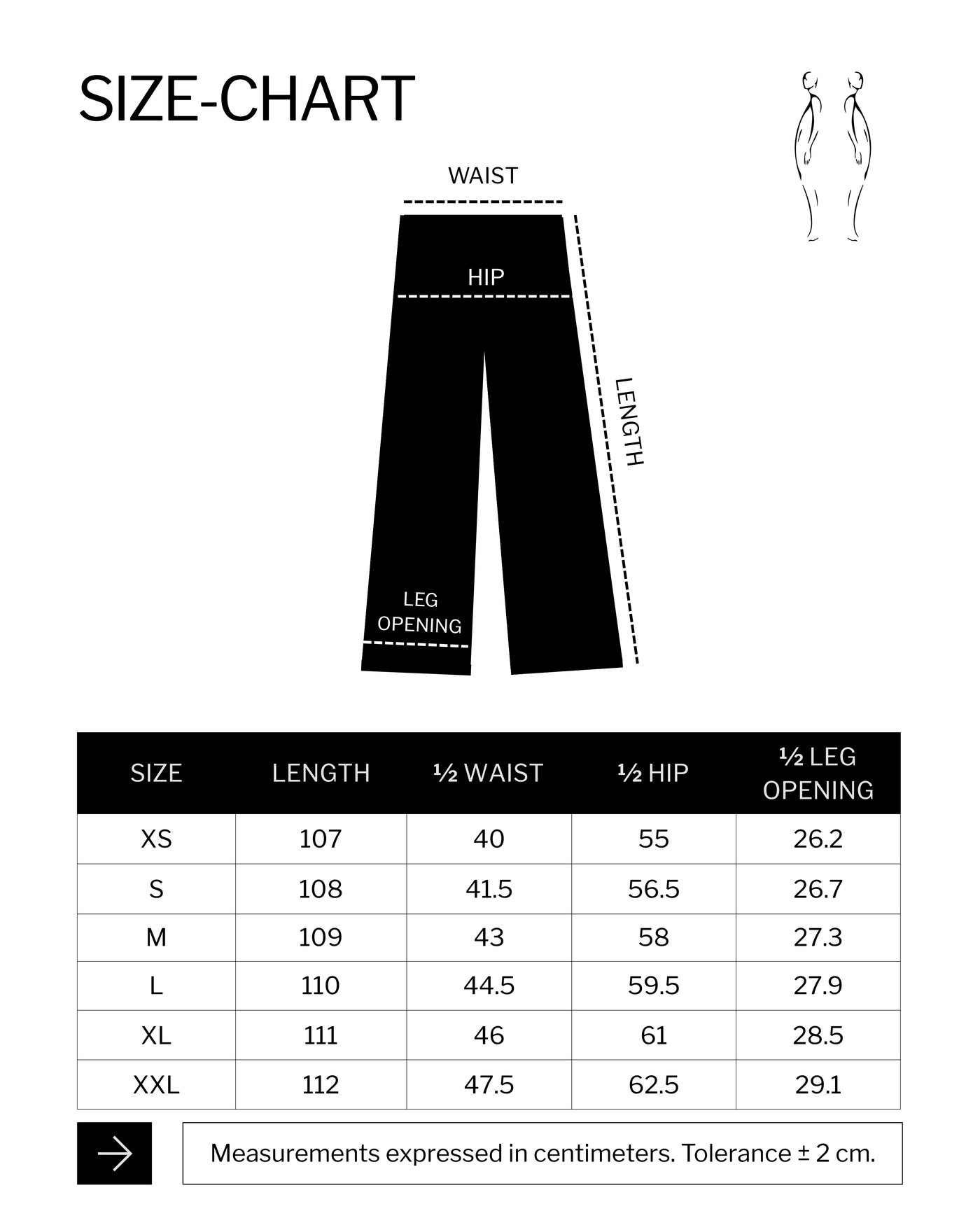 Size chart (cm) for STONE DENIM BLACK