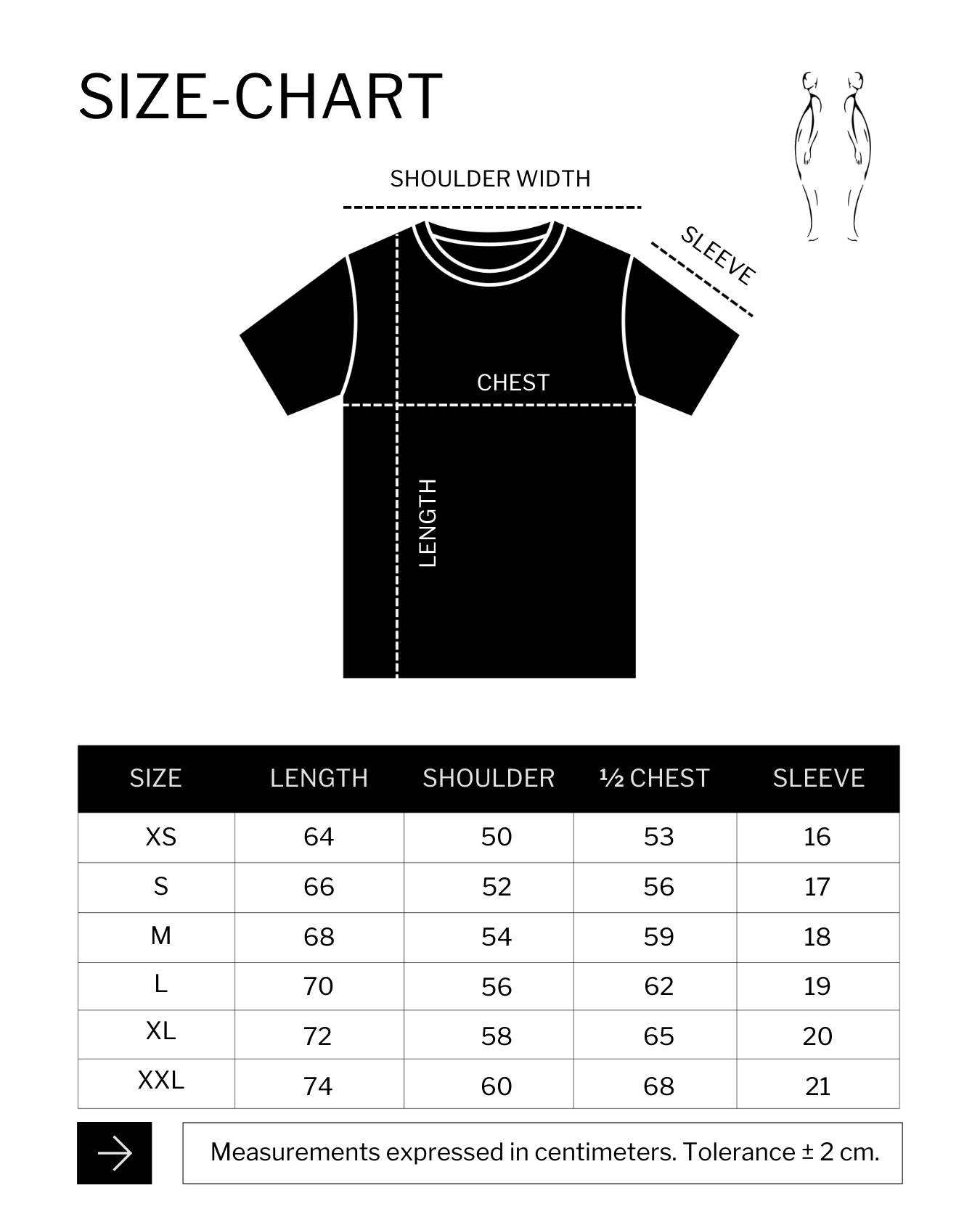 Size chart (cm) for PEACHED PEARL T-SHIRT