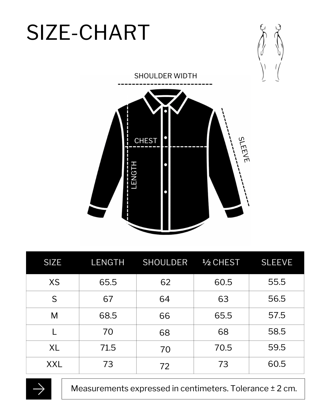 Size chart (cm) for PEARL SHIRT