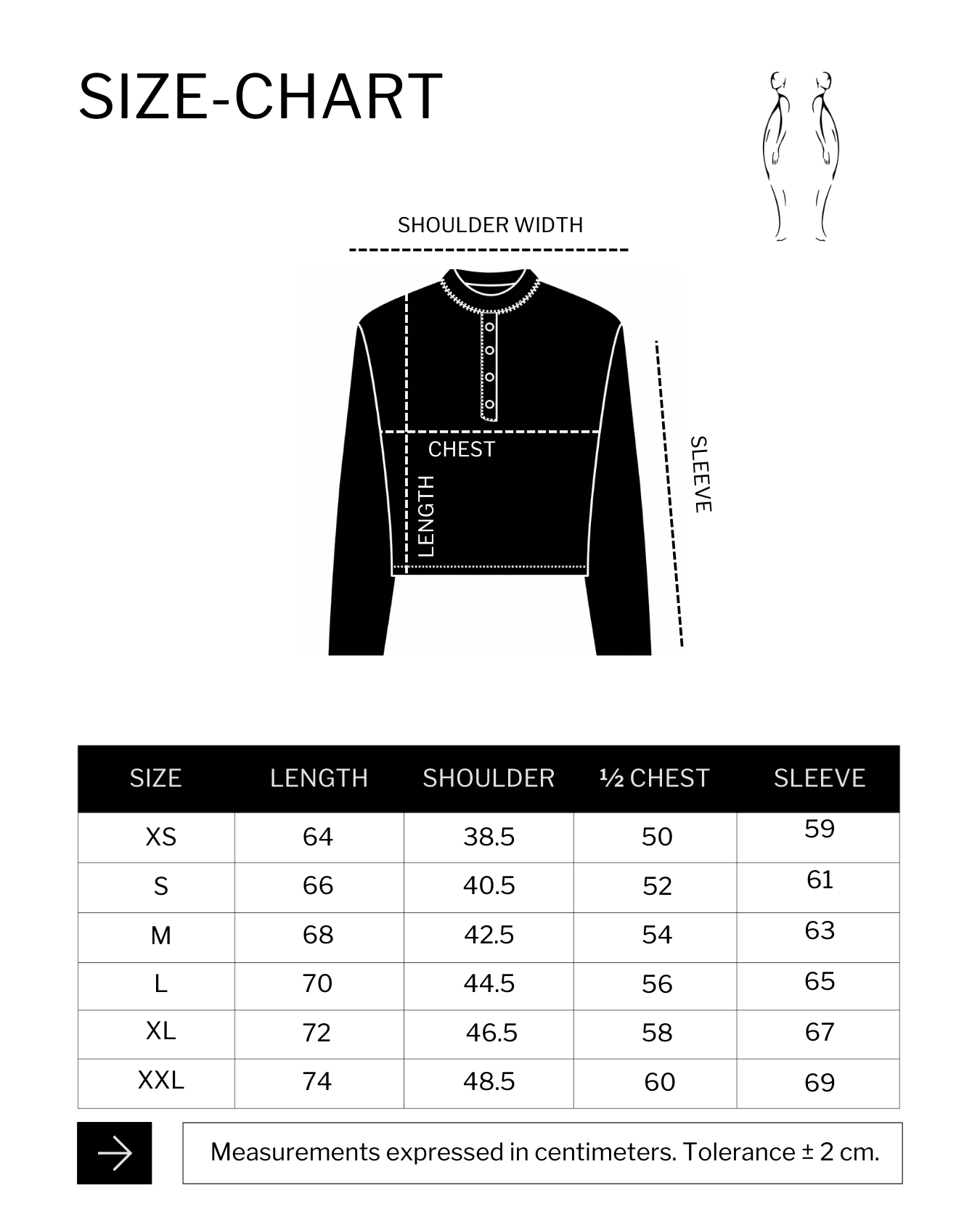 Size chart (cm) for HENLEY SHIRT WHITE
