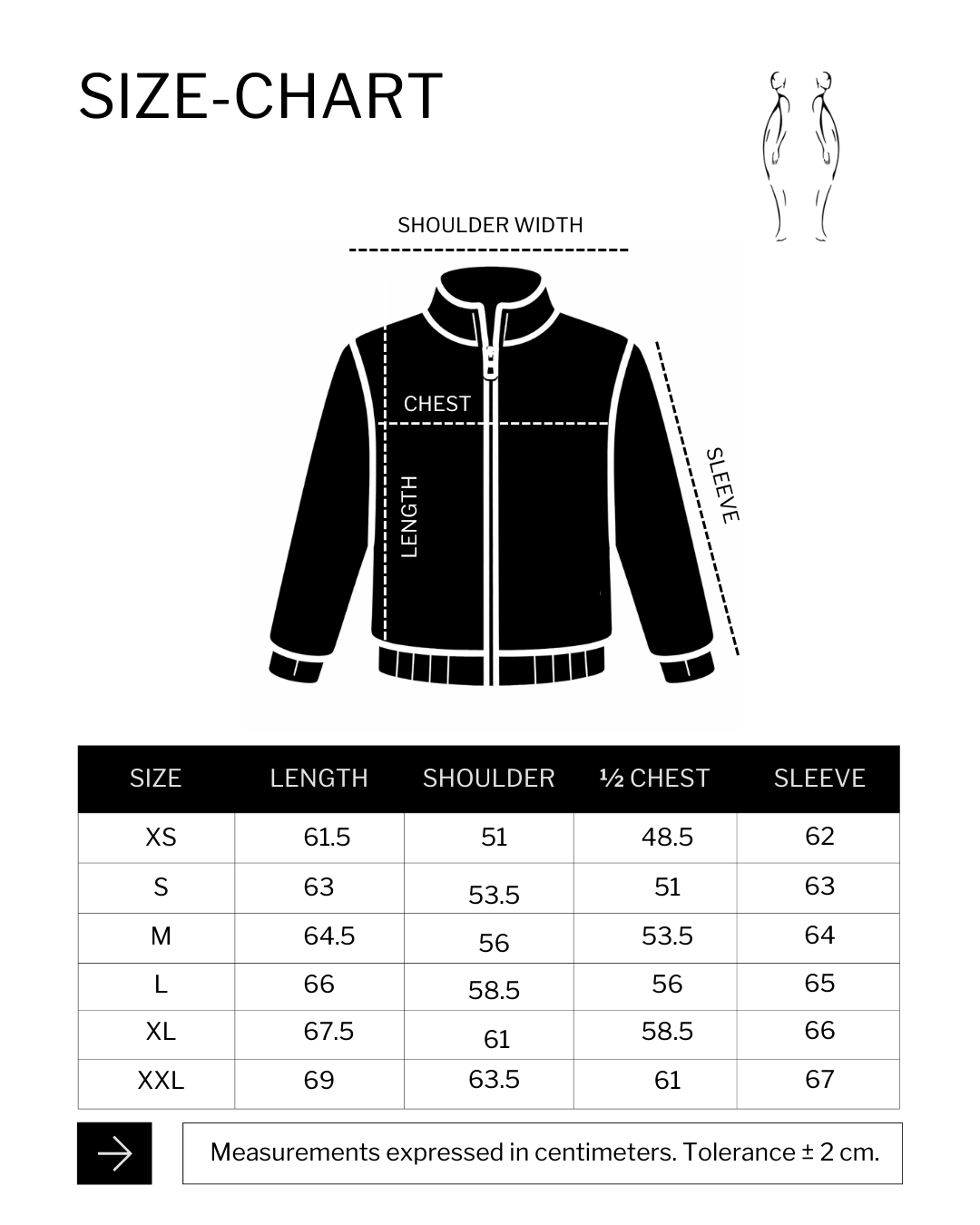 Size chart (cm) for PEARL JACKET
