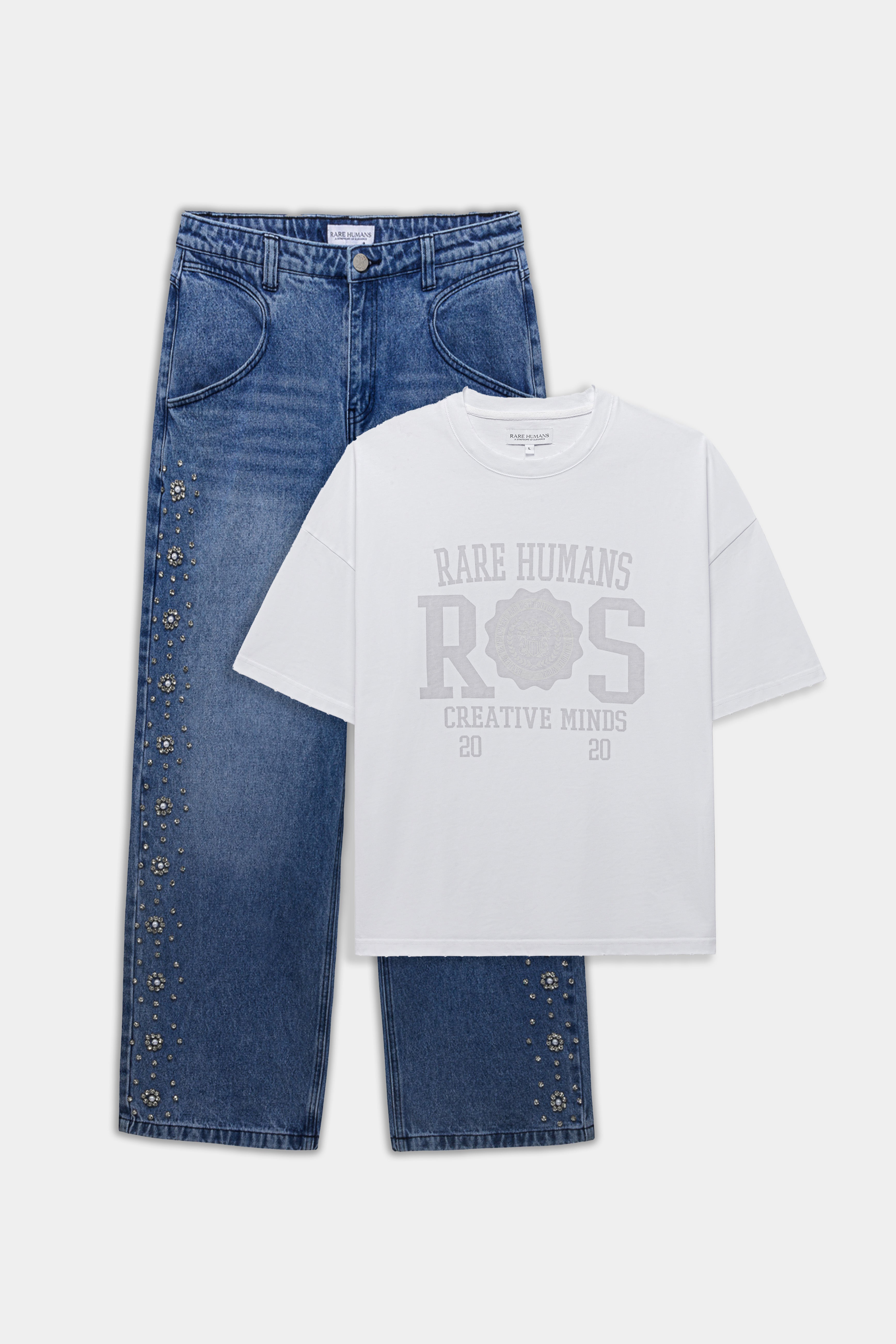STONE DENIM BLUE & COLLEGE T-SHIRT WHITE (PACK)